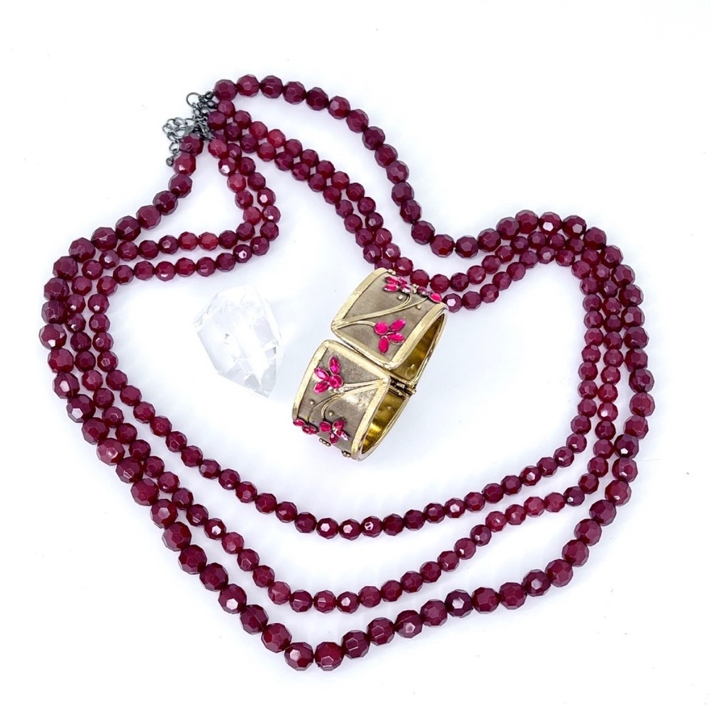 Vintage Ruby Acrylic Beaded 3 Strand Necklace & Coordinating Floral Bracelet